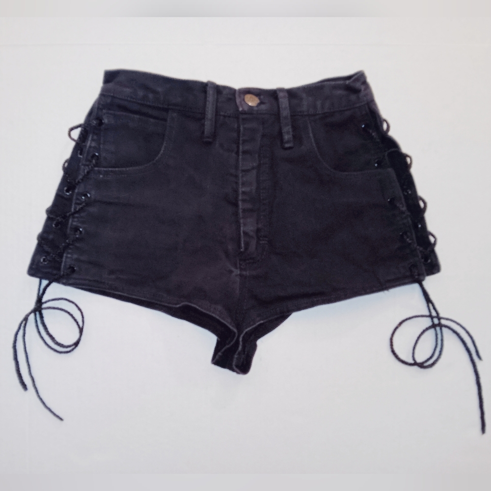 Vintage Fredrick Of Hollywood Black Denim Lace-Up Womens Shorts  XS Button